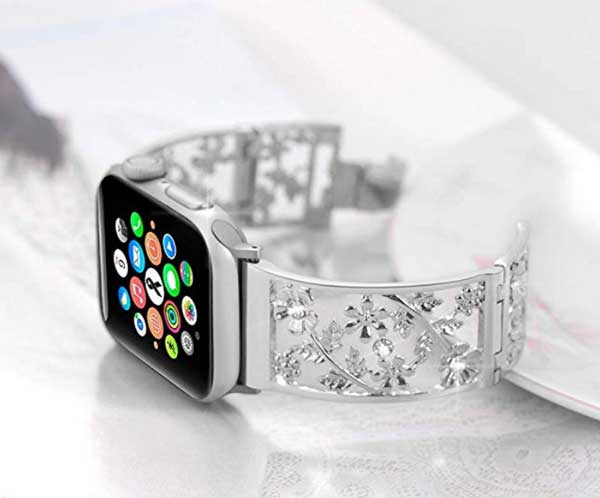 Bracelet floral en métal pour Apple Watch