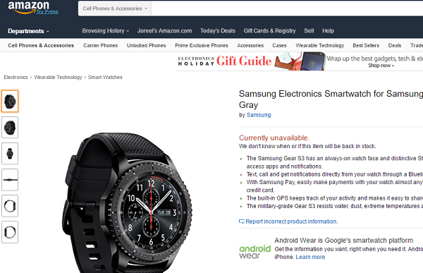 Samsung Gear S3 maintenant disponible sur Amazon.com